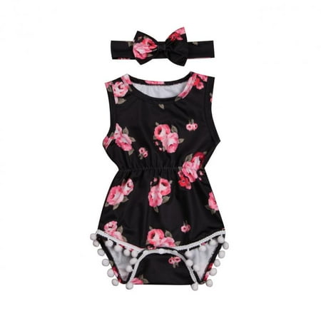 - Cute Adorable Floral Romper Baby Girls Sleeveless Tassel Romper One-Pieces +Headband Sunsuit Outfit Clothes