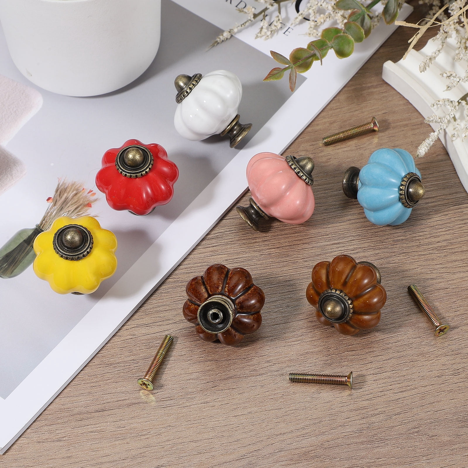 Unique Bargains Stylish Decorative Pumpkin Ceramic Cabinet Drawer Knobs Light Brown