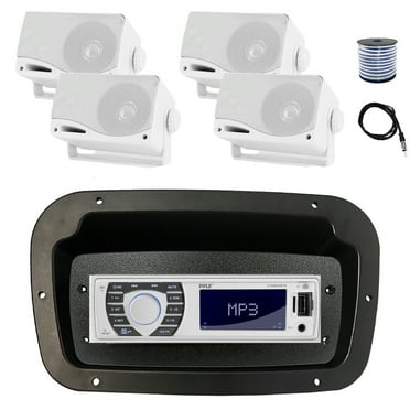 Pyle PLRMR23BTW Single DIN Bluetooth Marine MP3 Stereo Receiver, Spa bezel, Adapter Plate, 22" Radio Antenna, Wire, 4x 3.5'' 200 Watt Max 3-Way Indoor/Outdoor Wall Mount Speaker (White)