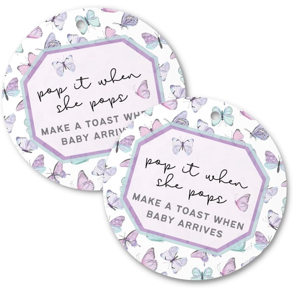 Pop It When She Pops Butterfly Tags  30 pk, 2.5 Purple Labels for Champagne Mini Bottles Pink Bubbly Favor Hang for Baby Shower or Gender Reveal