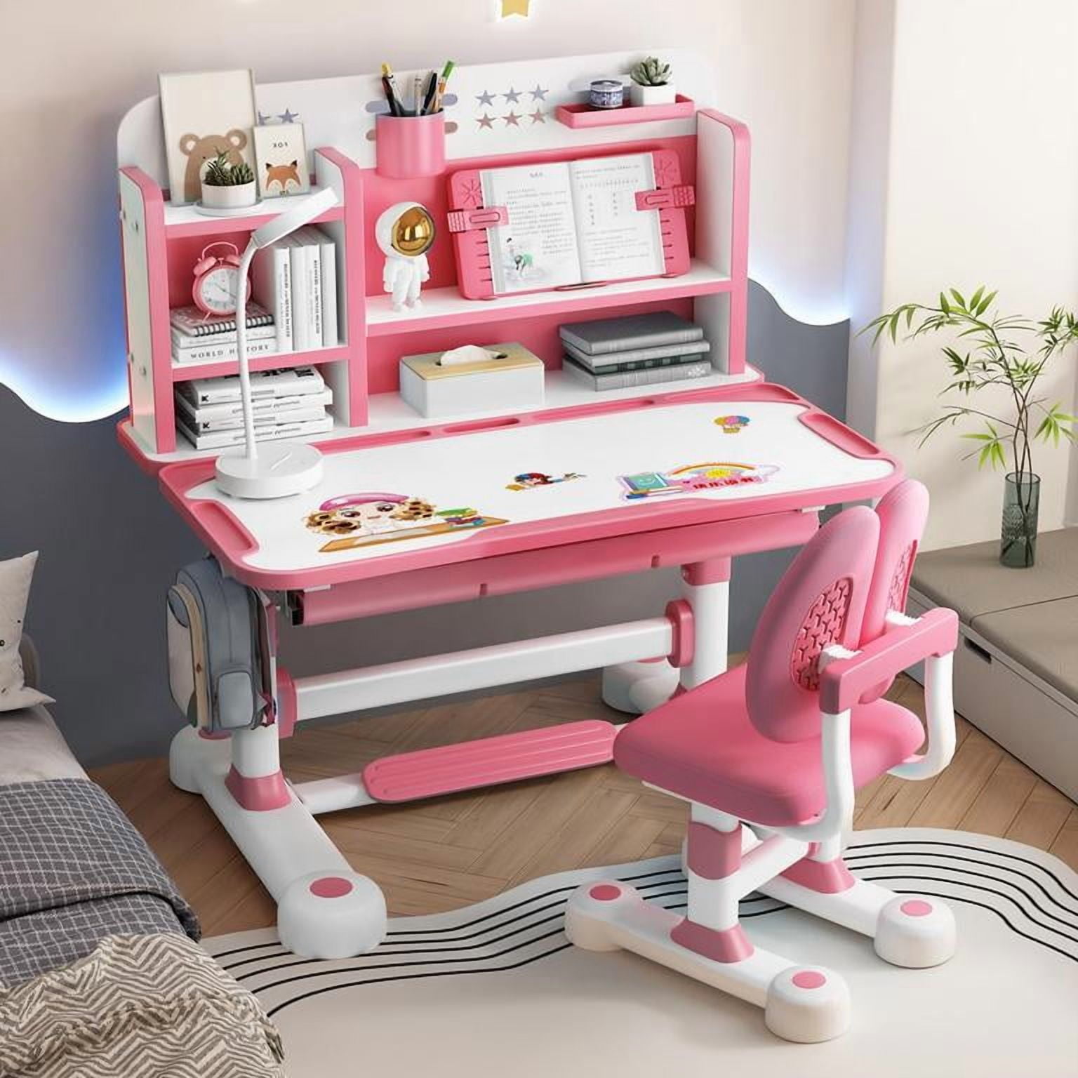 YNCE Kids Study Desk Chair Set,Adjustable Children School Study Table Chair Set with Sitting Corrector, Ergonomic Desk Chairs with Book Stand, Foot Pedal, Partition Design (Pink #5)