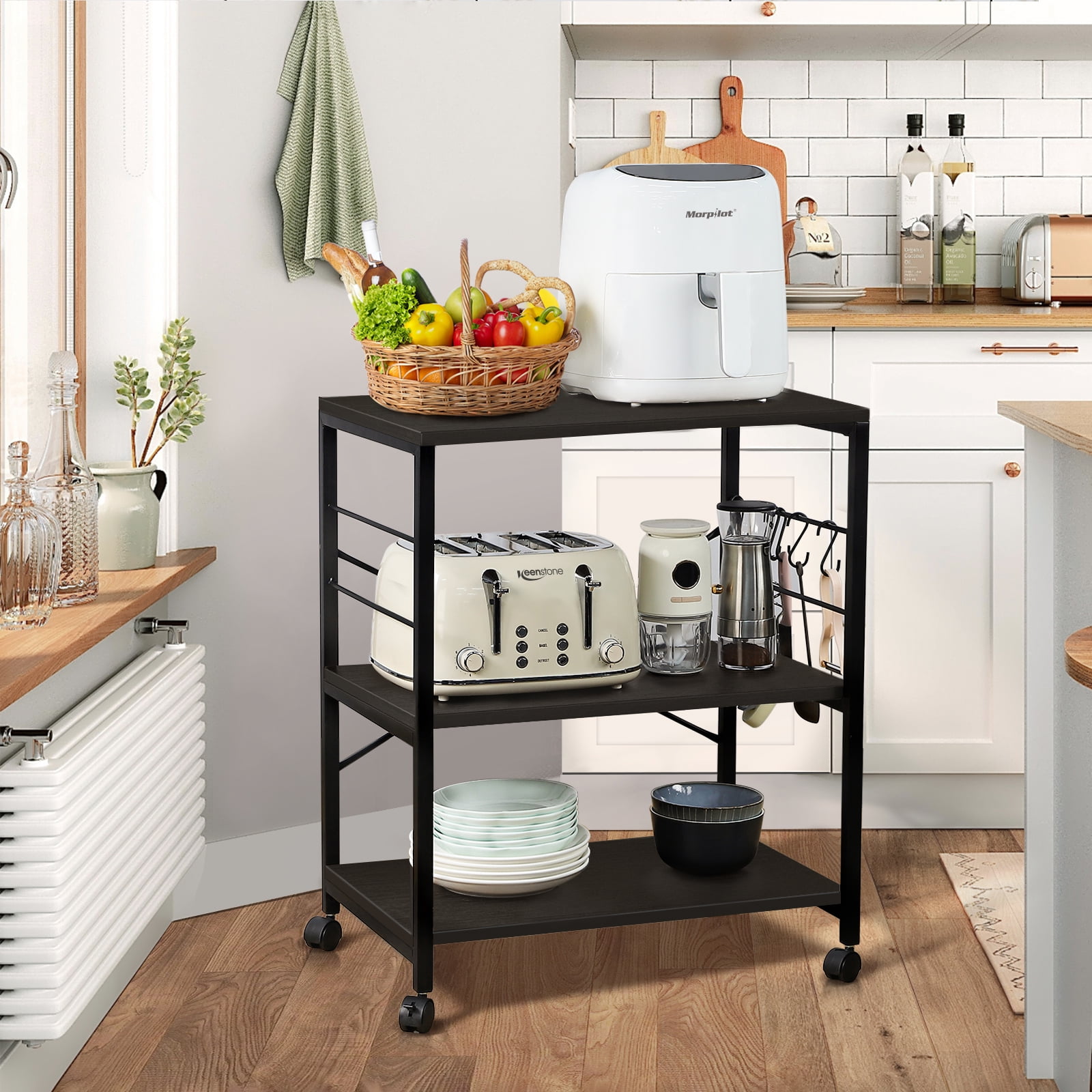 Mind Reader Woodland Collection, Rolling 3-Tier Kitchen Microwave