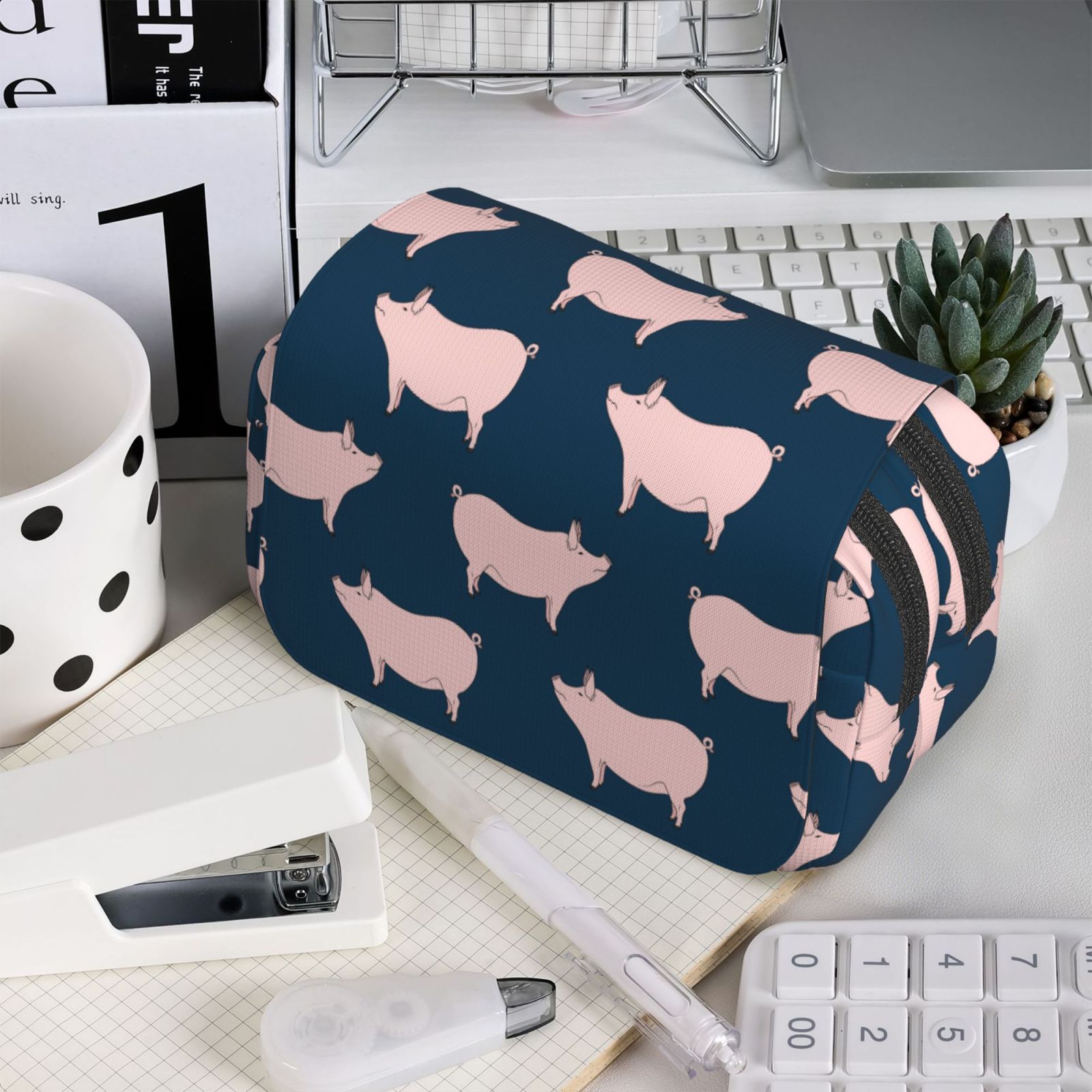 Rateoe Pig 1 Pattern Double Clamshell Pen Case, Storage Organizer with Two Zipper Compartments– Holds Up to 50 Pencils & Pens