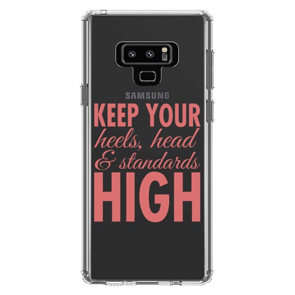 DistinctInk Clear Shockproof Hybrid Case for Samsung Galaxy Note 9 - TPU Bumper Acrylic Back Tempered Glass Screen Protector - Keep Your Heels Head & Standards high