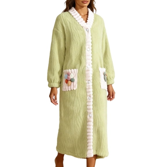 Plush Robe for Women Long Length Fleece Cozy Button Up Bathrobes Color Light Green Size XXL
