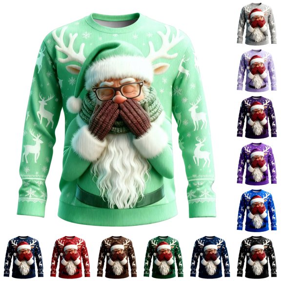 XIAOCHA Men's Crew Neck Sweatshirt Long Sleeve Santa Graphic Print Holiday Pullover Top, Light Green, Sizes S