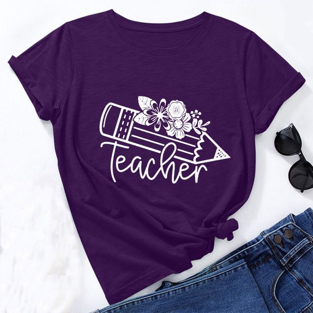 Qiopertar Mode Femme Ample Col Rond Pull-Over Journée des Enseignants Imprimé Mignon Manches Courtes T-Shirt Liquidation Livraison Gratuite Offres de la Semaine Liquidation
