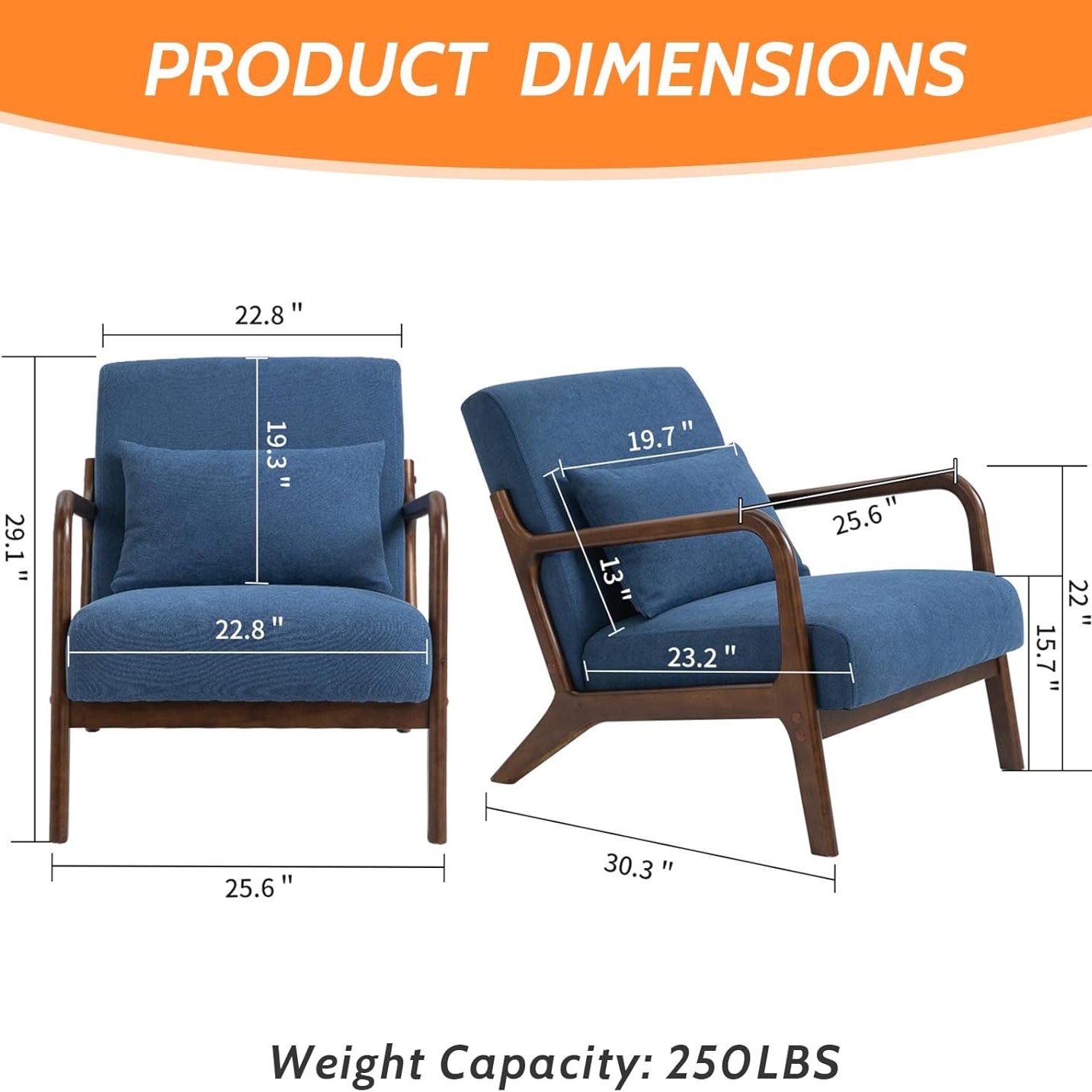 MOONMISS Mid-Century Modern Accent Chair, Velvet Fabric Arm Chair with Wood Frame and Pillow, Upholstered Armchair Comfort Reading Chair Lounge Chair for Living Room Bedroom Sunroom,Blue