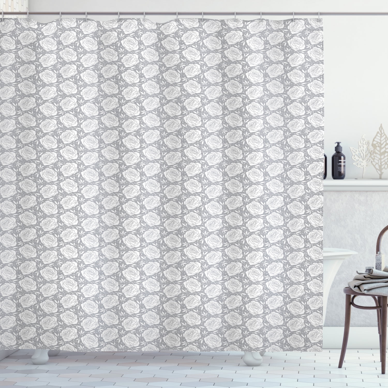 Flower Shower Curtain, Greyscale Composition of Romantic Valentines Day Roses on Striped Background, Fabric Bathroom Set with Hooks, 69W X 84L Inches Extra Long, Pale Grey White, by Ambesonne