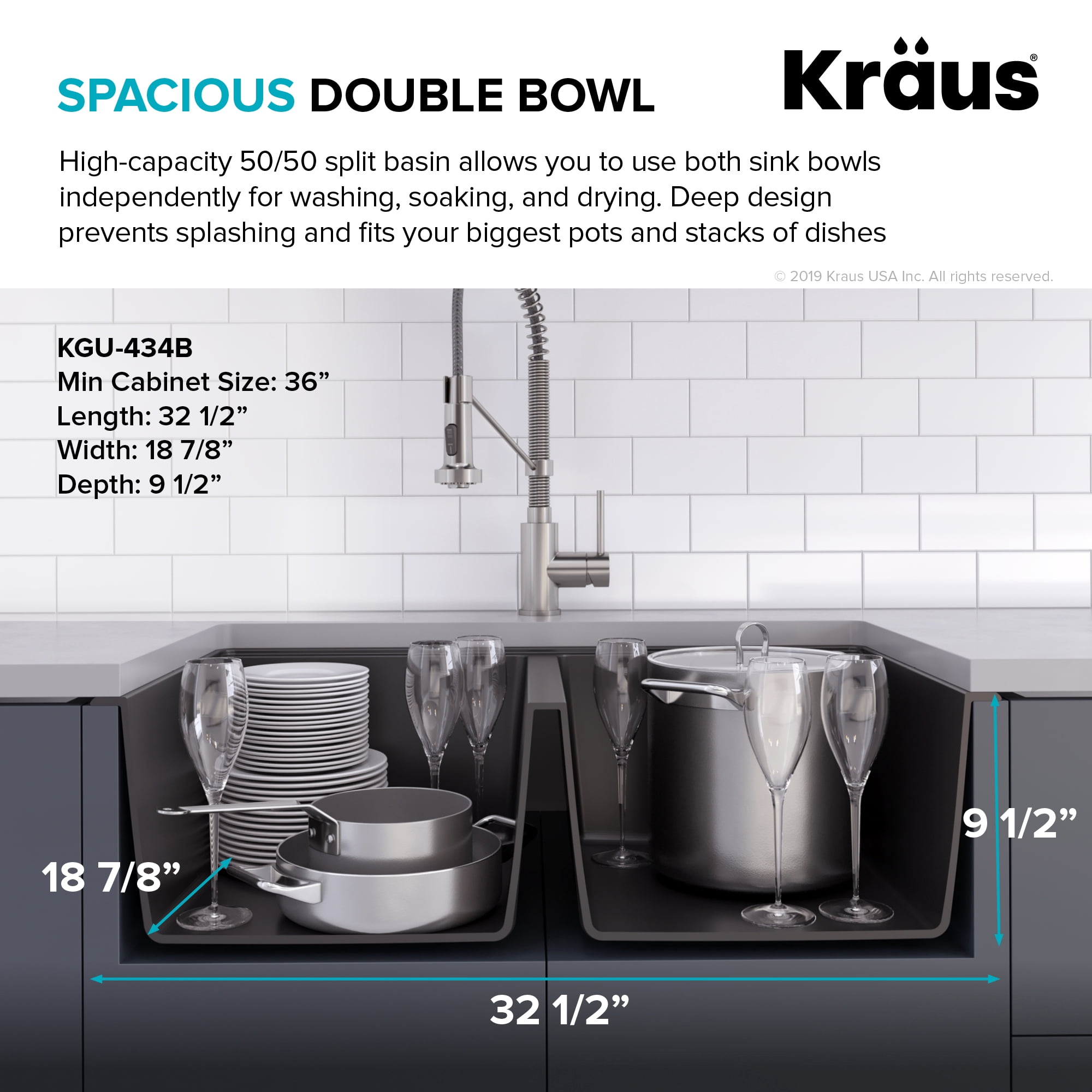 Kraus 33 Inch Undermount 50/50 Double Bowl Black Onyx Granite Kitchen Sink