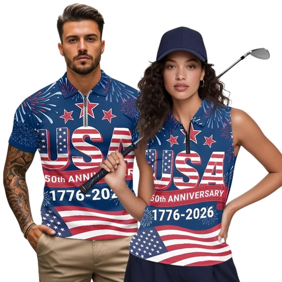 Jeiento 250th Anniversary Couple Golf Shirt Summer Sleeveless Tennis Tank Tops for Women or Mens Short Sleeve Golf Shirts Couples Matching Outfits, Women's XS