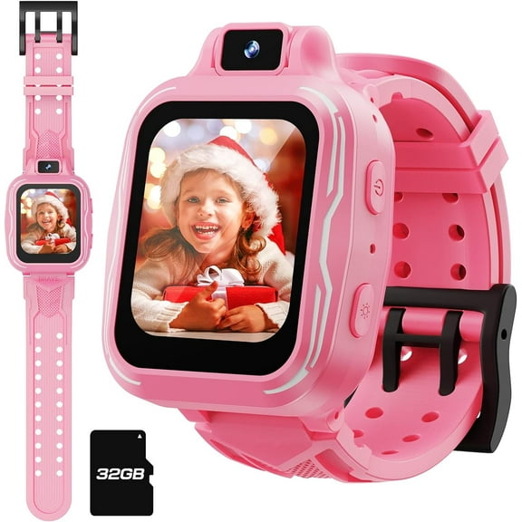 Kids Digital Watch Girls, Best Christmas Birthday Gifts for Age 3 4 5 6 7 8 9 Years Children,Touchscreen Toddler Sport Smart Watch with Camera FM MP3 Pedometer - Light Pink with 32GB SD Card