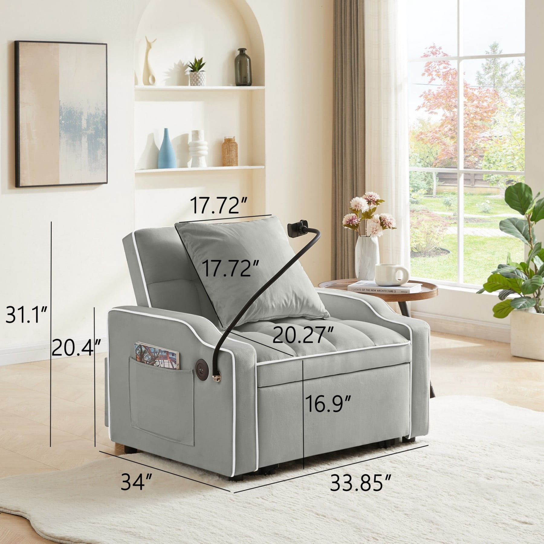3-in-1 Sleeper Sofa Chair Bed with USB & Type-C, Adjustable Velvet Recliner Couch for Small Spaces, Gray