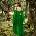 thumbnail image 3 of Halloween Cosplay Outfit, High Low Hem Fantasy Dress, Off Shoulder Gothic Witch High Low Dress, Flared Bell Sleeve Lace Up Renaissance Medieval Costume Dress for Halloween Cosplay Party, Green L, 3 of 4