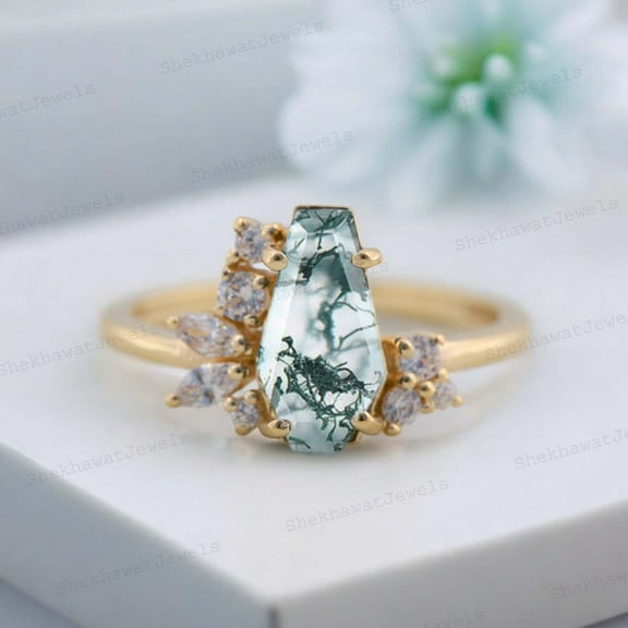 SHEKHAWATJEWELS 11x7 mm/ 2.5 Ct Coffin Shape Moss Agate Engagement Ring Yellow Gold Plated Diamond Cluster Bridal Ring Promise Proposal Ring For Her