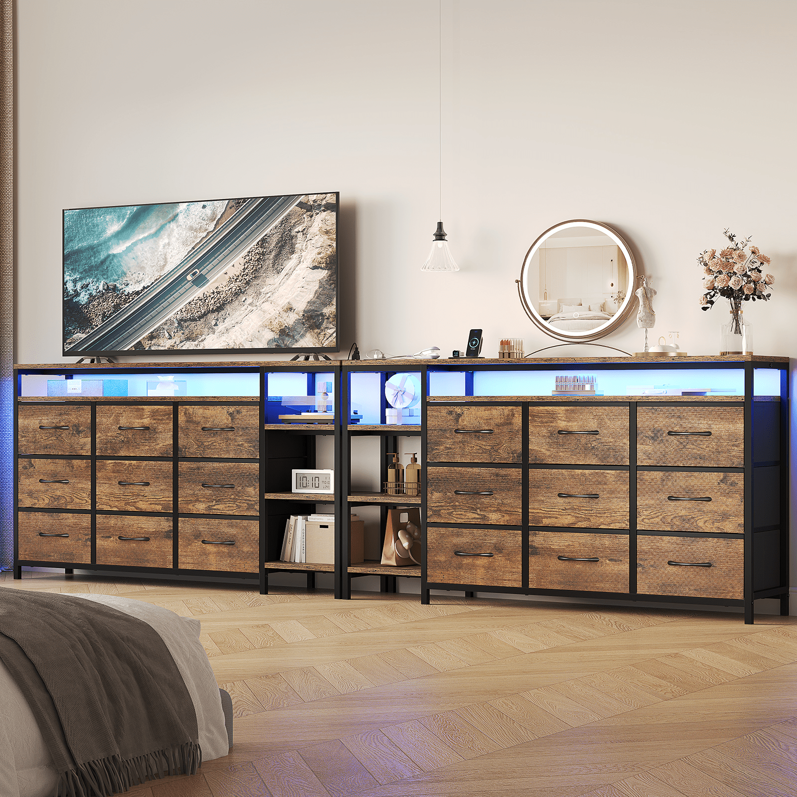9 Drawers Dressers for Bedroom with LED Lights & Powers Outlets, 53 Inch TV Stand, Entertainment Center with Drawers & Open Shelves for Living Room,Rustic Brown