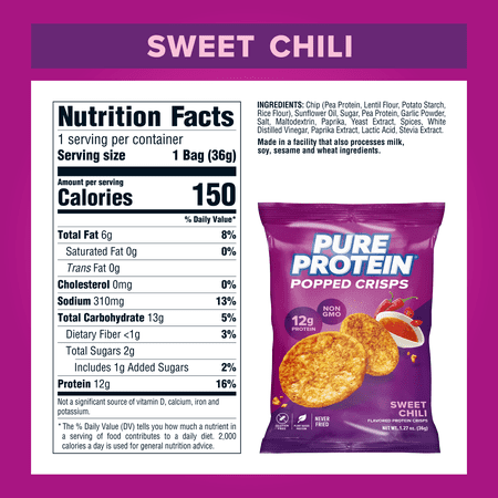 PURE PROTEIN, POPPED CRISPS, SWEET CHILI, 12G PROTEIN, 1.27 OZ
