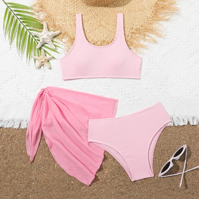 XDZJLR Swimsuit for Girls V Neck Bikini Set Color Block with Cover Up 3Pcs Swim Suit Red 7-8 Years