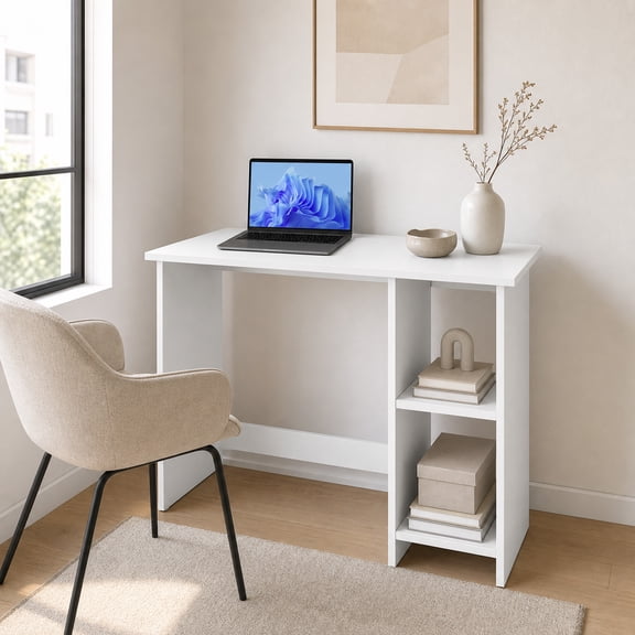 31.5 in Computer Desk with Storage Shelves & Adjustable Shelf, Wood Home Office Desk for Small Spaces,White
