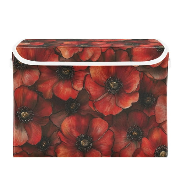 Deep Red Flowers Large Storage Bins with Linen Collapsible Lid Storage Box 16.7 x 12.6 x 11.8in