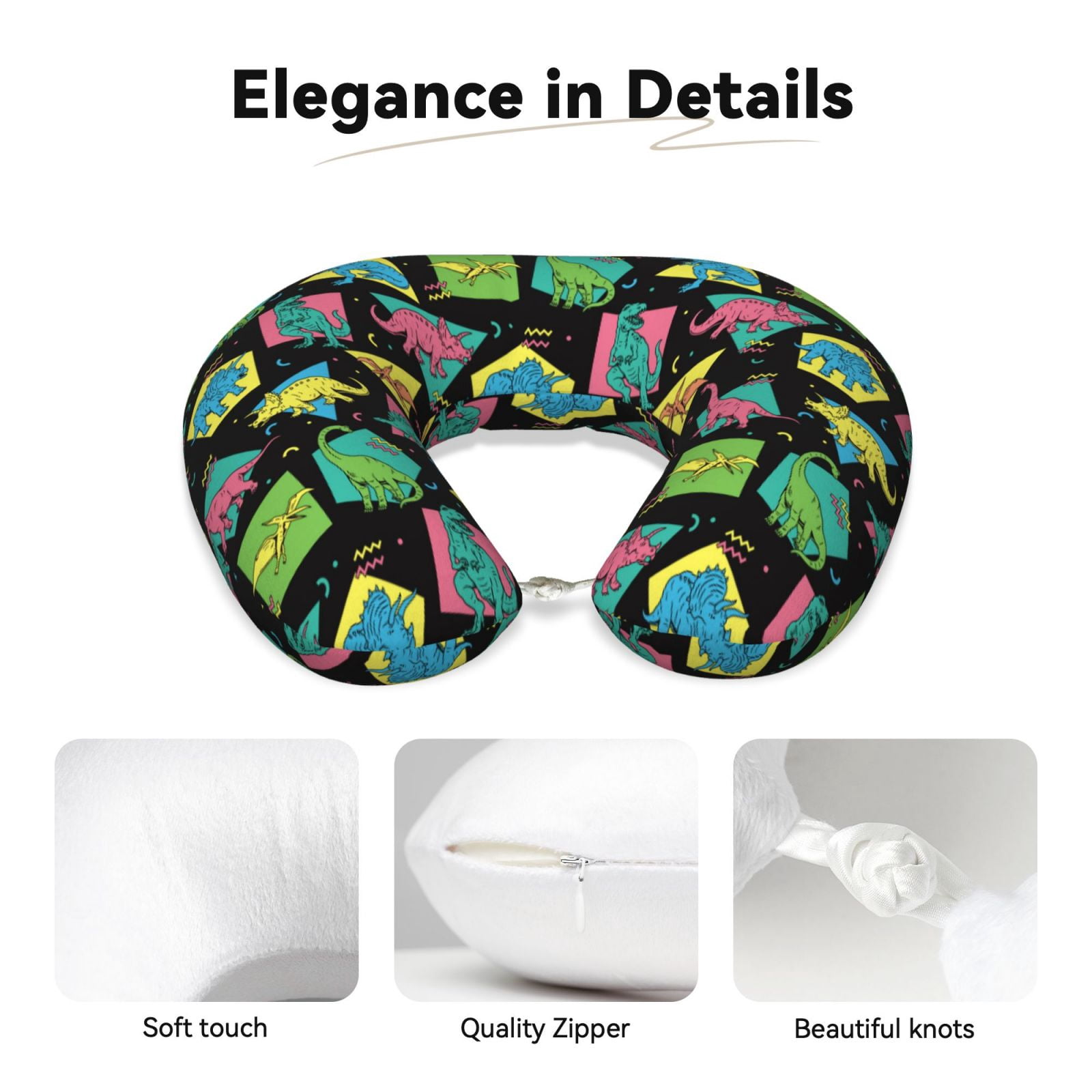 Xecao Geometric Dinosaur Print Memory Foam Cervical Neck Pillow Versatile U-Shaped Pillows for Home,Office,Camping,Travelling,Soft Washable Cover