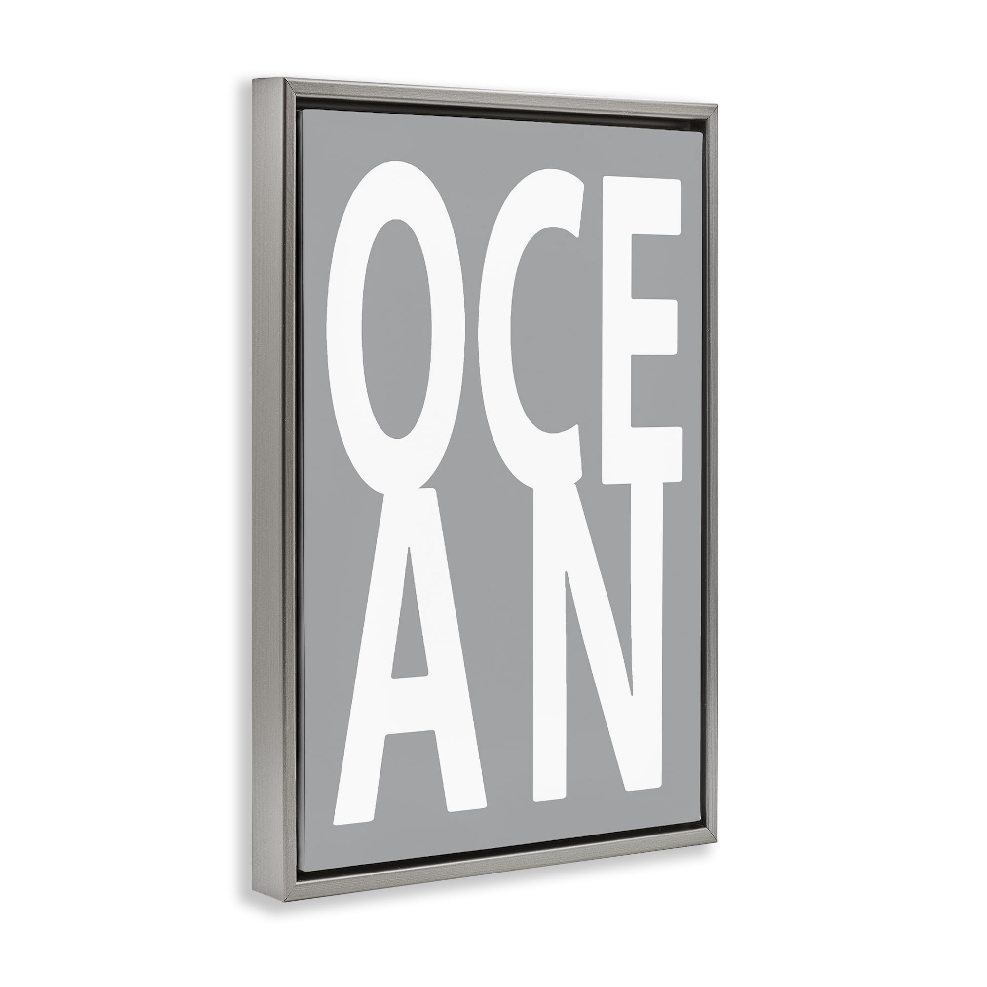 Stupell Industries Ocean Word on Grey Typography Painting Gray Floater Framed Art Print Wall Art, 17 x 25