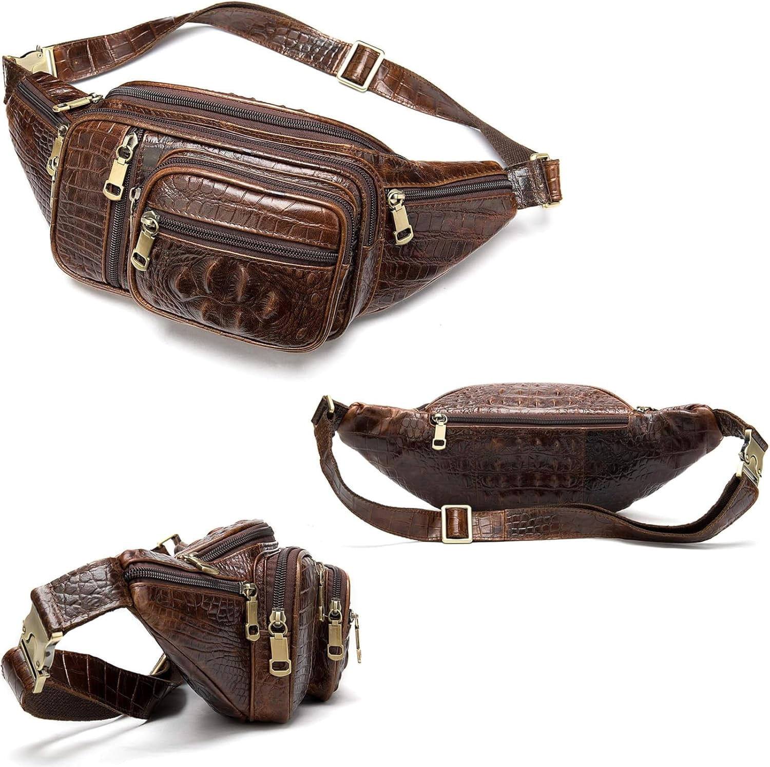 MARRANT Genuine Leather Fanny Pack for Men, Large Capacity Crossbody Waist Bag with Multiple Zipper Pockets, Coffee Croco
