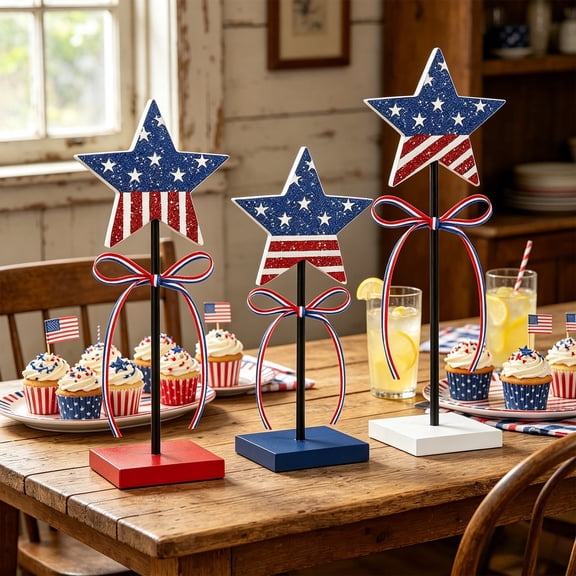 3Pcs Independence Day Wooden Star Table Decorations, Patriotic Red White Blue Glitter Ornaments with Stand, 4th of July Home Party Centerpiece for Mantel, Desk, and Porch Display