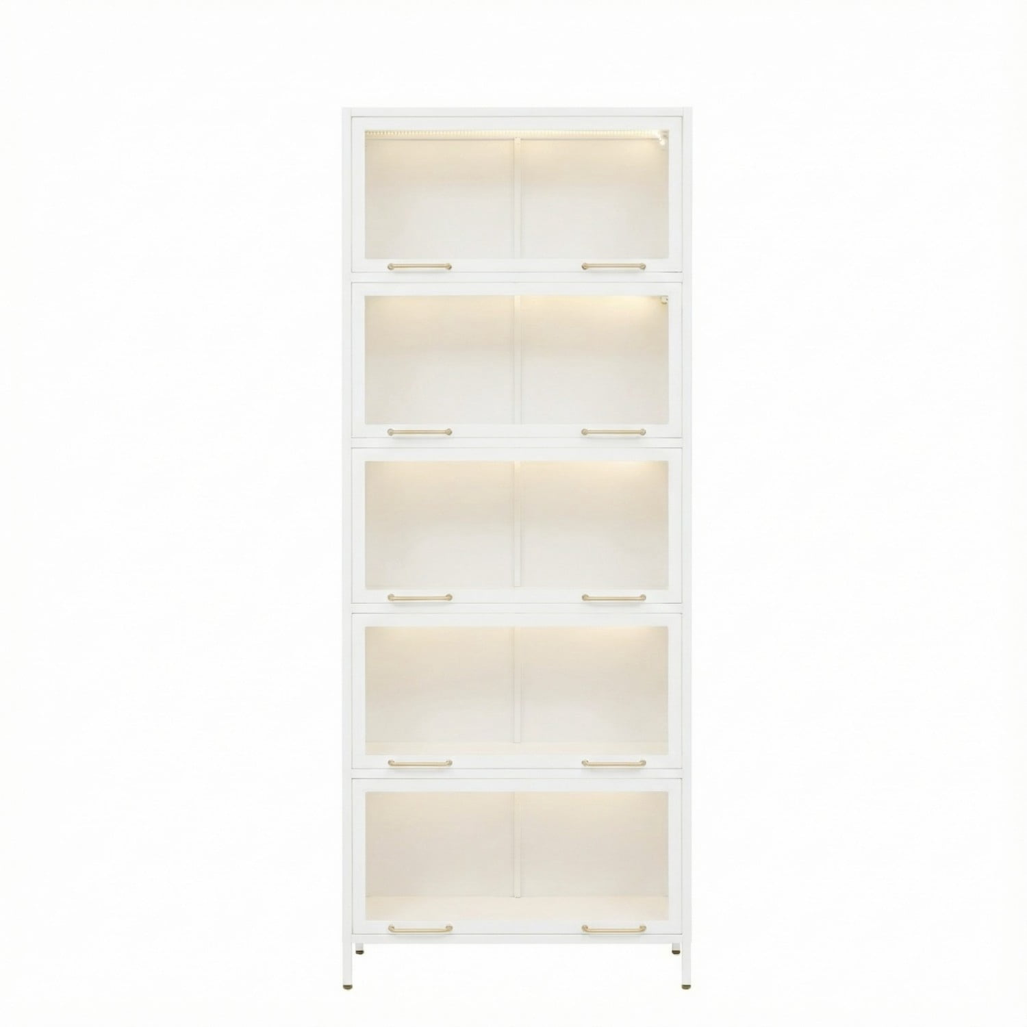 76.75" Tall Glass Display Cabinet with LED Lights, 5 Tier Iron Barrister Bookcase with Glass Doors, Modern Curio Cabinet for Collectibles Books Trophies Living Room Office Study, White