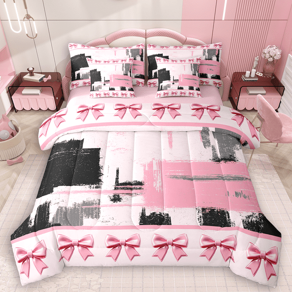 Manfei Black Pink Ombre Bedding Comforter Set 7 Pieces for Girls, Princess Bow Knot Queen Bedding Sets, Ribbon Bowtie Queen Sheet Sets, Breathable Home Decor