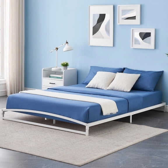 Queen Bed Frame Low Profile, 6 Inches White Metal Queen Size Platform Bed Frame, Mattress Foundation, No Box Spring Needed