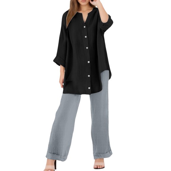 Women's 2 Piece Outfits Wide Leg Blouse Pockets Elastic Pants Sets Casual V Neck Shirt Trousers Fashion Streetwear