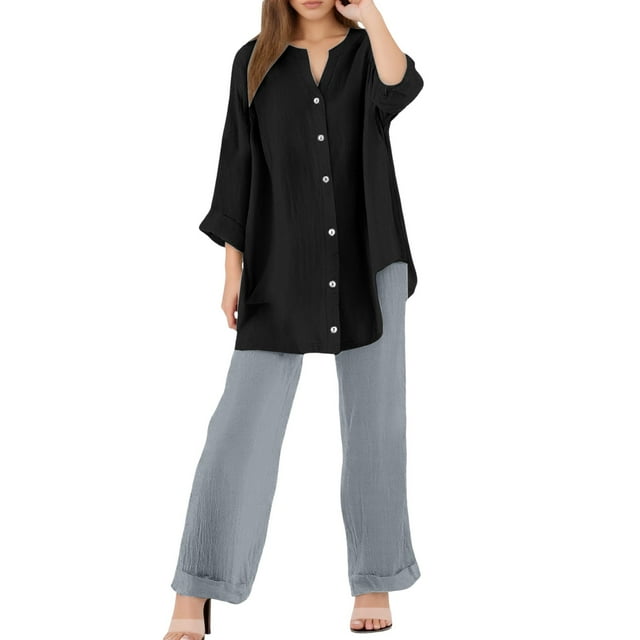 Conjuntos de 2 piezas para mujer: blusa de pierna ancha y pantalones elásticos. Camisa informal con cuello en V y bolsillos. Ropa urbana para todas las estaciones.