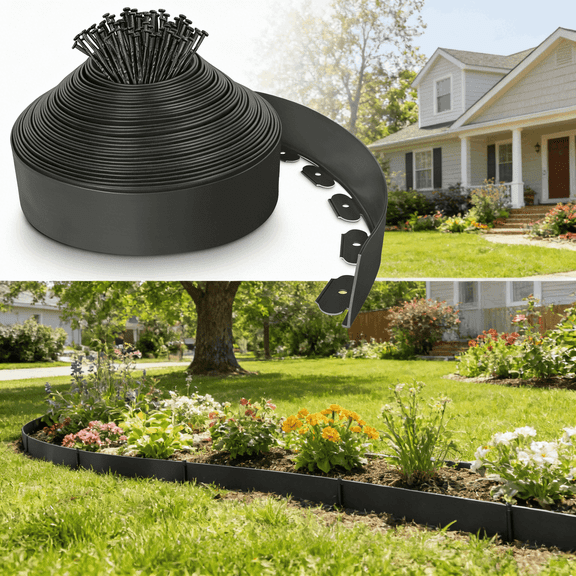 4" x 50 ft Landscape Edging Border with 75 Spikes, Plastic Garden Edging Lawn Border Kit for Garden Flower Beds Lawn Yard Pathway Paver Edging