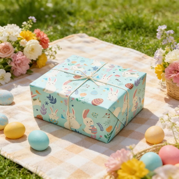 Spring Easter Gift Wrapping Paper, Festive Bunny Eggs Flower Decorative Paper, Durable Holiday Wrap for Gift Wrapping & Easter Festival Decoration
