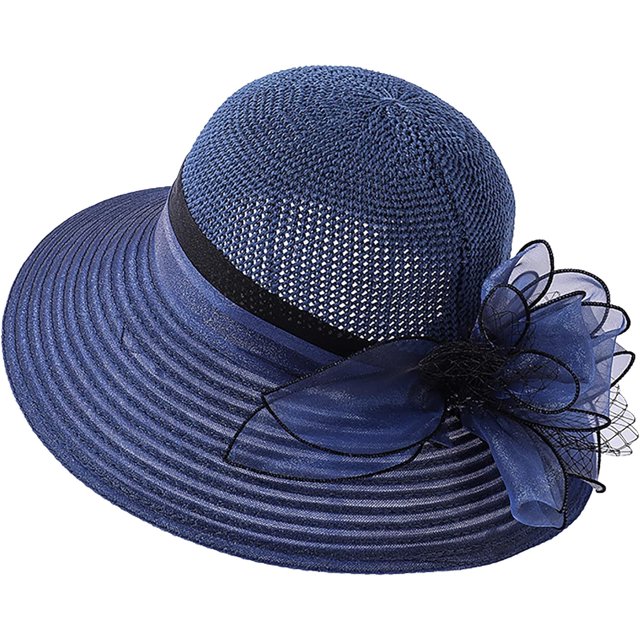 Crochet Organza Flower Straw Sun Hat for Women,French Derby Tea Party Hat Kentucky Church Hat Summer Beach Navy