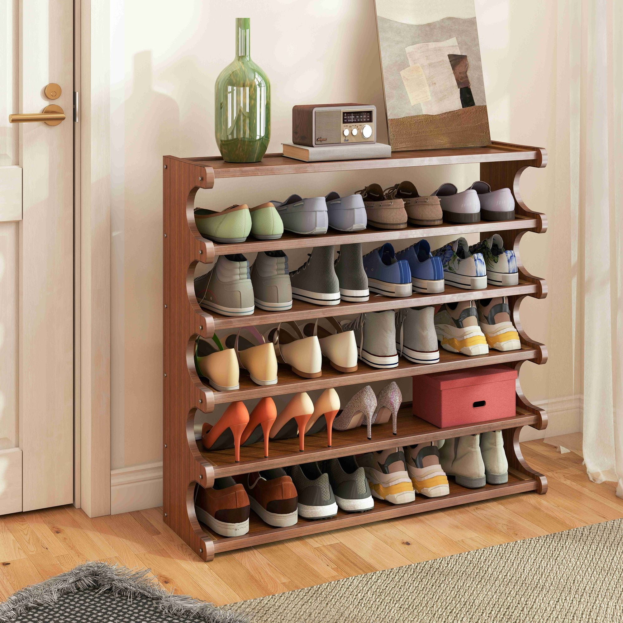 6 Layer Wood Grain Free Standing Shoe Rack Space Saving Storage Organizer