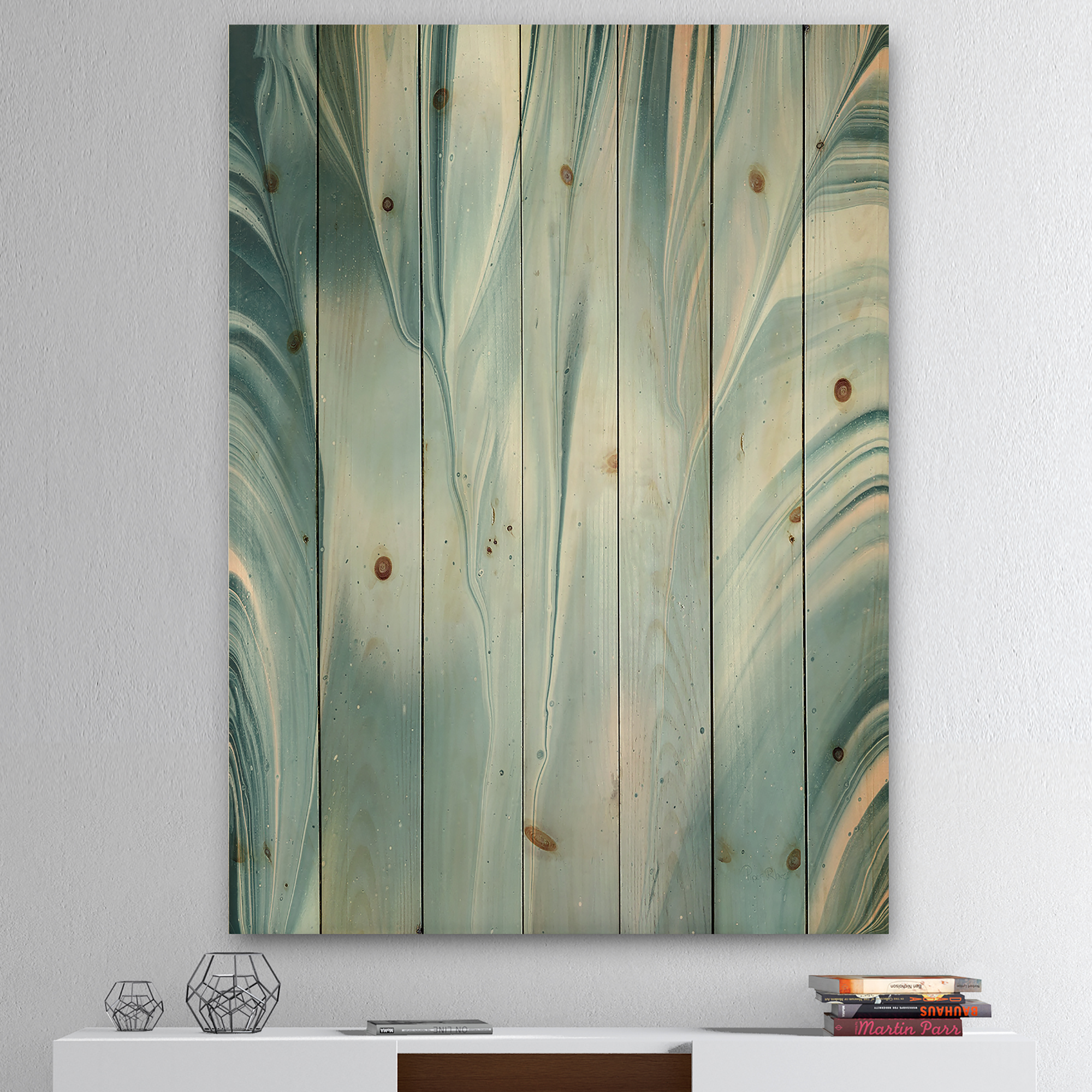 Designart 'Fractal Blue Modern Water III' Modern Transitional Print on Natural Pine Wood