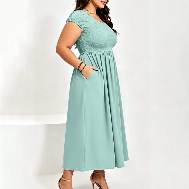 Zpzdpjkx Plus Size Women's Solid Square Neck Smocked Midi Dress, Short Sleeve Flowy Casual Long Dress with Pockets