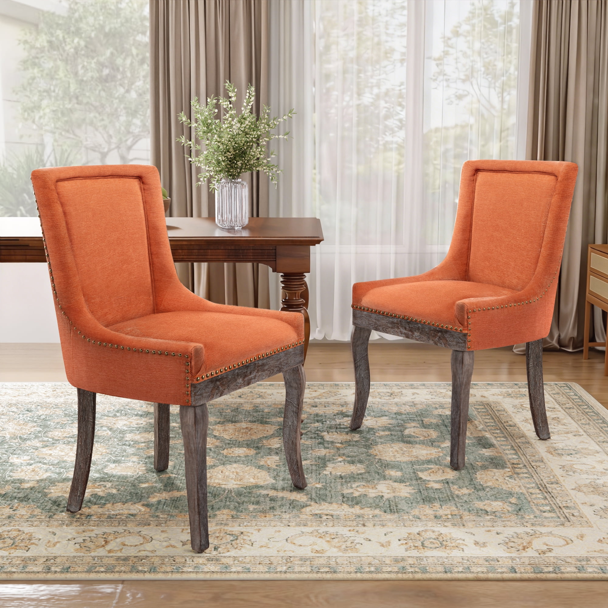 DONICK Vintage Fabric Upholstered Dining Chairs,Solid Wood Kitchen Dining Room Chairs with Nailheads Solid Wood Legs (Orange,Set of 6)
