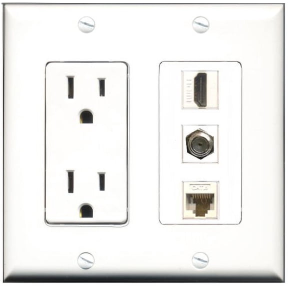 RiteAV - 15 Amp Power Outlet 1 Port HDMI 1 Port Coax 1 Port Cat6 Ethernet Ethernet White Decorative Wall Plate