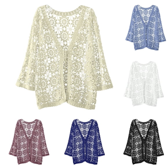 jiaxiM Lightweight Cardigans for Women Crochet Knit Open Front Long Sleeve Loose Casual Boho Summer Tie Front Beach Coverup