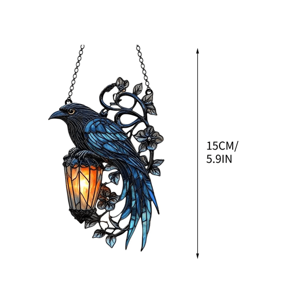 Clearance Sale | Gothic Acrylic Raven Pendant Lantern with Stained Glass Design, Halloween Home Decor and Festive Hanging Ornament