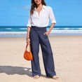 thumbnail image 6 of Women's Linen Palazzo Pants Boho Wide Leg Elastic Waist Casual Lounge Pants with Pockets Beach Travel Vacation, #02 Navy, M, 6 of 8
