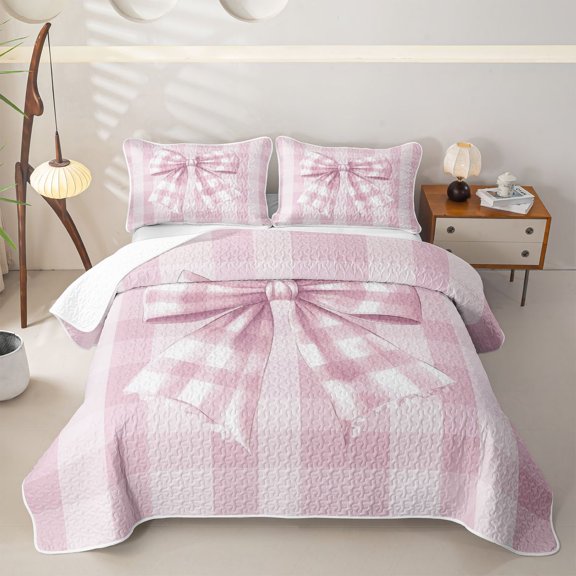 Erosebridal Kawaii Bow Twin Quilt Set for Boys Girls, Cute Buffalo Plaid Twin Coverlet Set, 2pcs