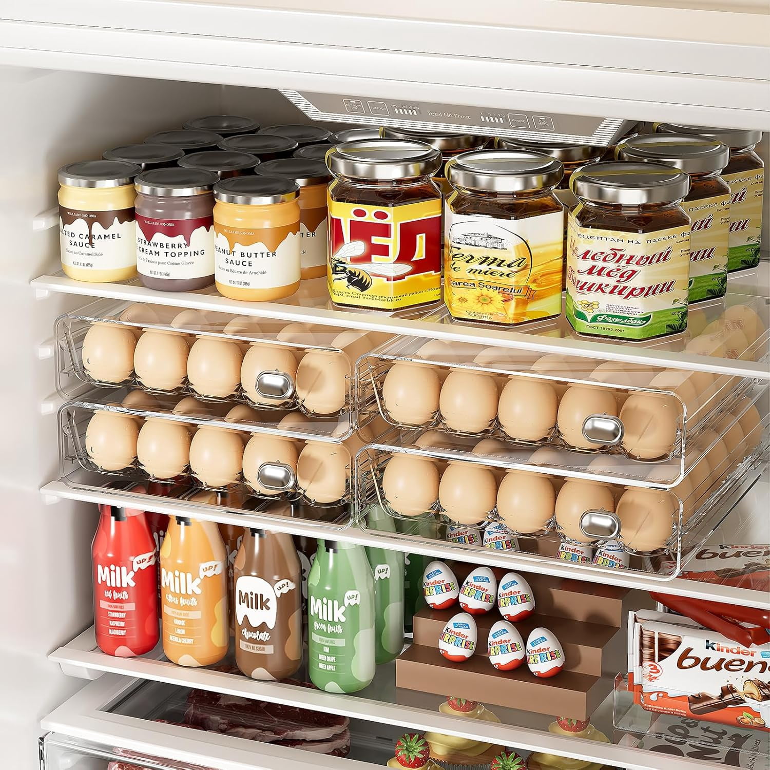 2 Pack 30 Count Large Egg Holder for Fridge, 5 Dozen Stackable Egg Organizer for Refrigerator, Clear Egg Storage Container with Drawer for Refrigerator