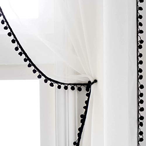 Selectex Linen Look Pom Tasseled Sheer Curtains Rod Pocket Voile Semi For Living Selectex Linen Look Pom Tasseled, Black White Sheer Curtains