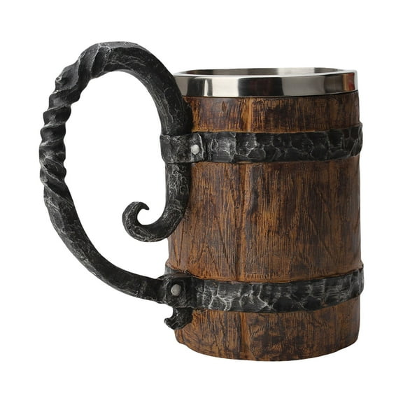 Hiroekza Vintage Wooden Barrel Beer Mug - Stainless Steel Double Wall Cocktail Cup with Large Handle - Perfect Gift for Beer Lovers, Fathers Day, Christmas Brown