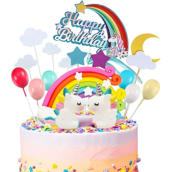19pcs Unicorn Cake Topper Kit Cloud Rainbow Balloon Happy Birthday Banner Cake Decoration For Boy Girl Kid Birthday