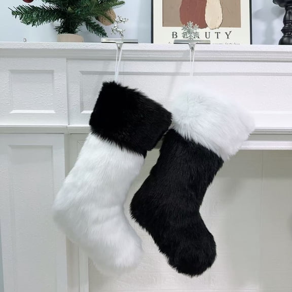 2Pcs Large White Black Plush Faux Fur Christmas Stockings,Party Favors Deluxe White Black Christmas Stockings Hanging Ornaments Candy Gift Bags for Xmas Fireplace Holiday Decorations
